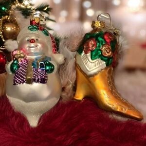 Christmas ornaments glass snowman Victorian boot set of two in excellent…